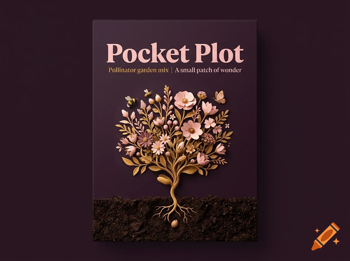 A book cover featuring a dark purple background with pink lettering reading Pocket Plot, and an illustration of a plant with flowers, roots, and small insects.
