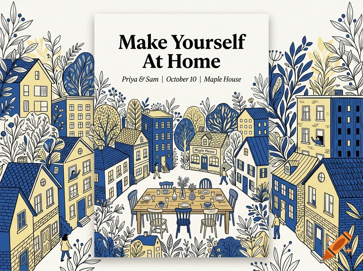 An illustrated design featuring a neighborhood of blue and yellow houses and a large dining table outdoors, with the text Make Yourself At Home.