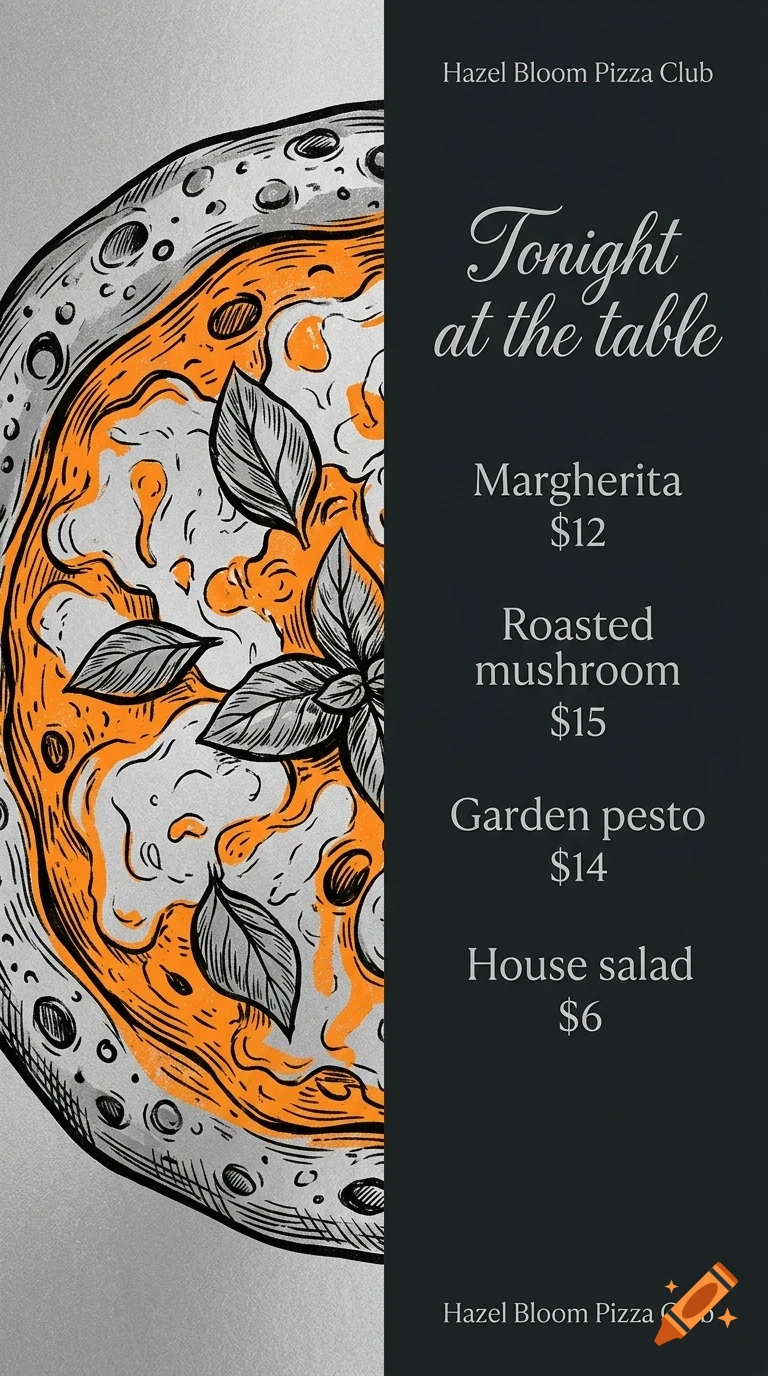 An illustrated pizza menu graphic featuring a drawing of a pizza on the left and text on the right.