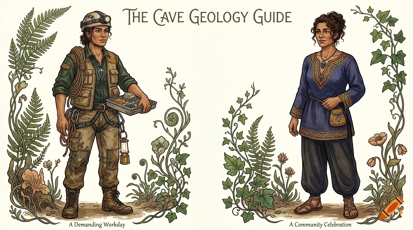 An illustration titled The Cave Geology Guide showing two people in different outfits alongside botanical borders, labeled A Demanding Workday and A Community Celebration.