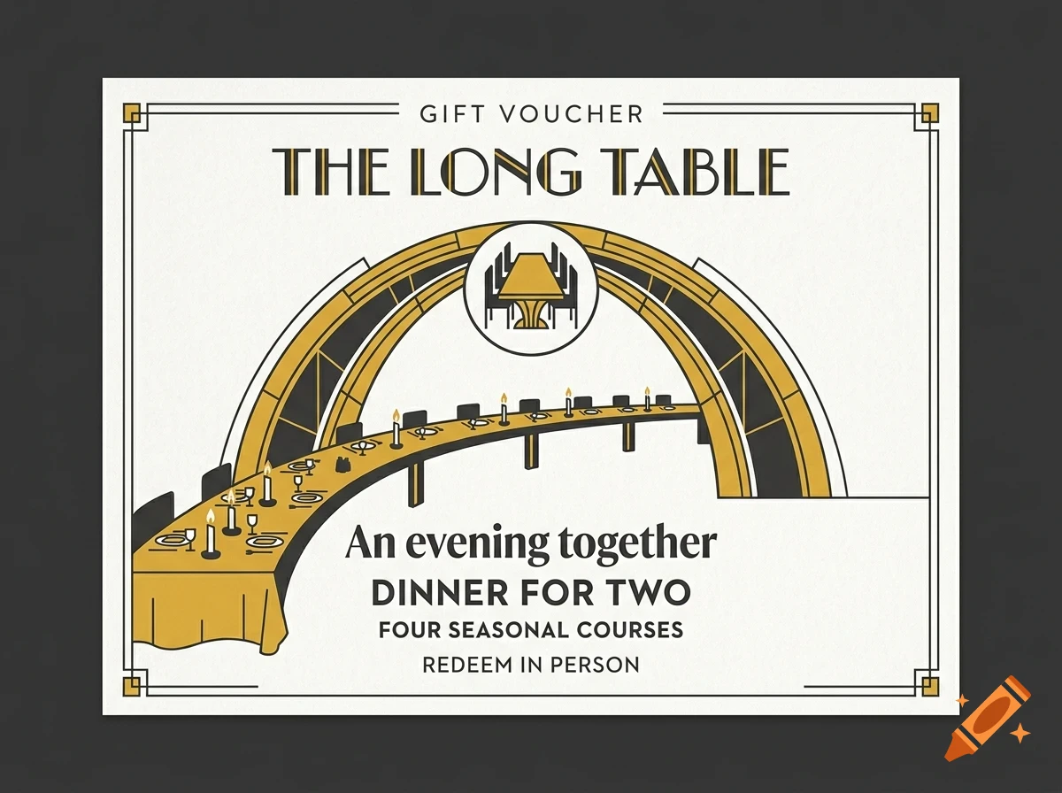 A gift voucher design for The Long Table, featuring an arched graphic of a long dining table with candles and text reading An evening together dinner for two.