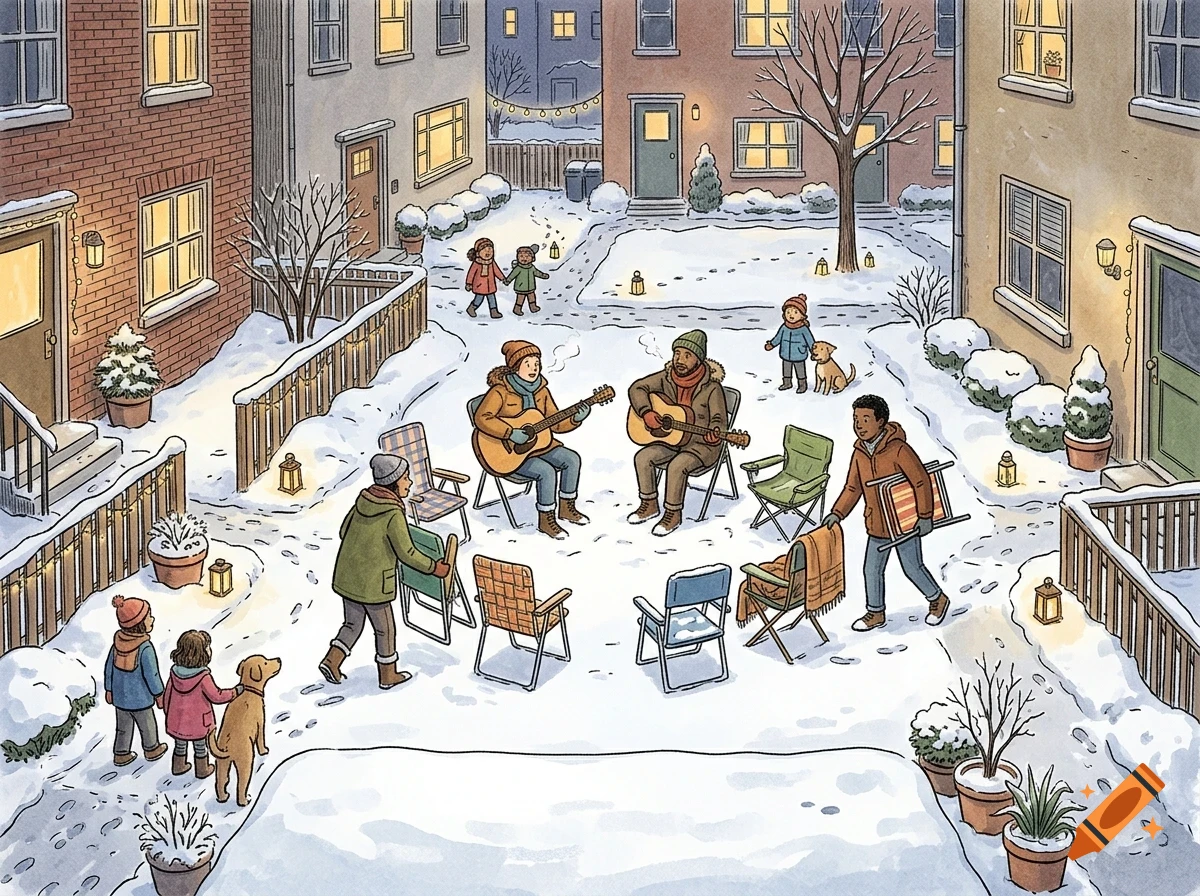 An illustrated winter courtyard scene featuring people gathered around, playing guitars, and setting up folding chairs in the snow between brick buildings.