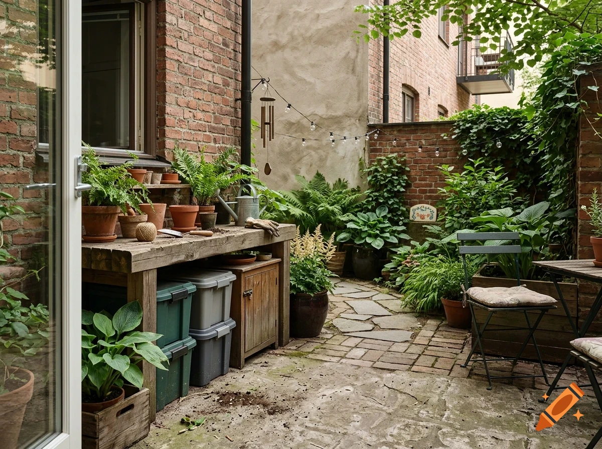 A rustic brick courtyard with a potting bench, various potted plants, ferns, and a stone-paved patio.