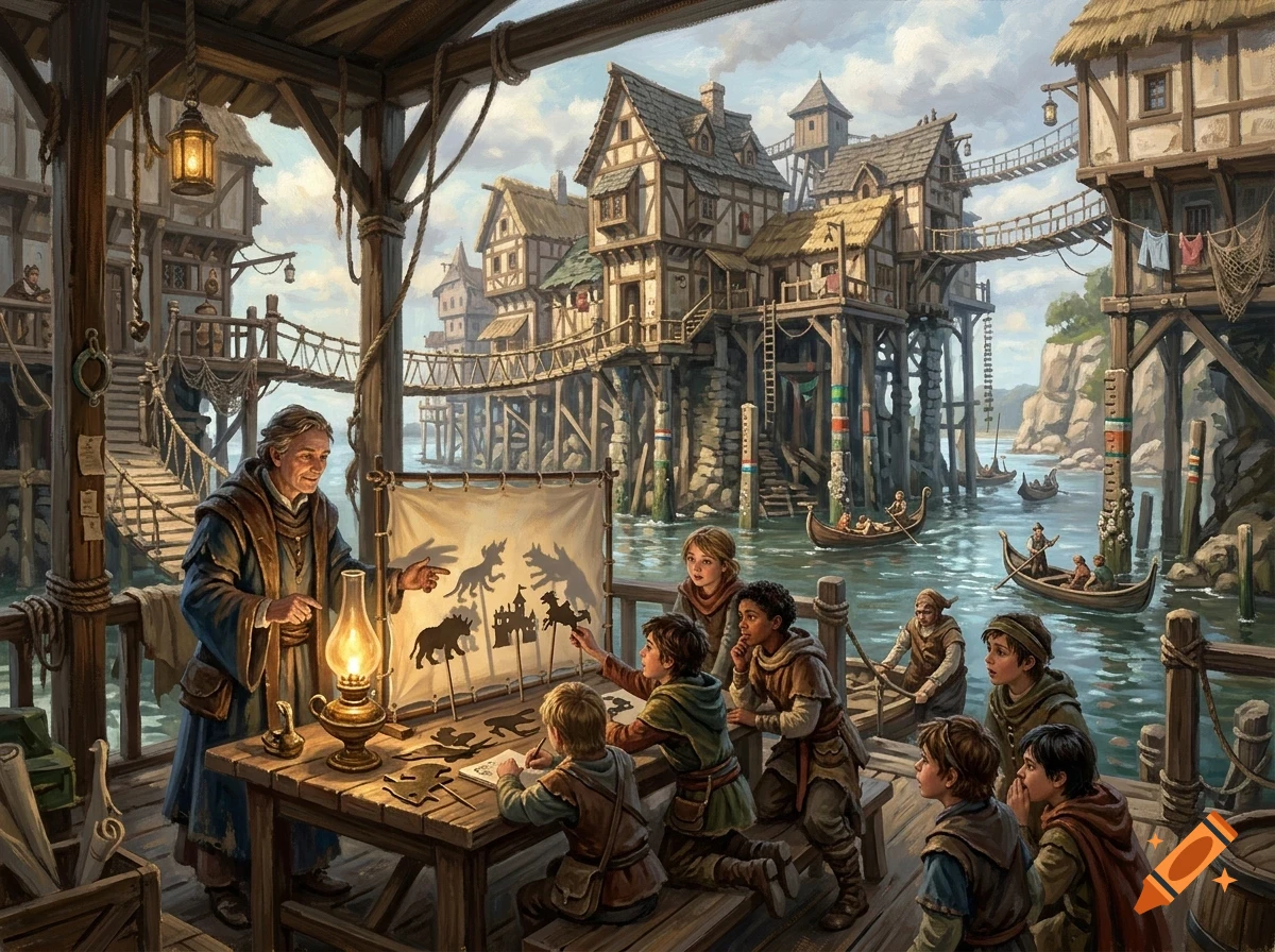 An adult guiding children in a shadow puppet show on a wooden dock in a medieval waterfront village.