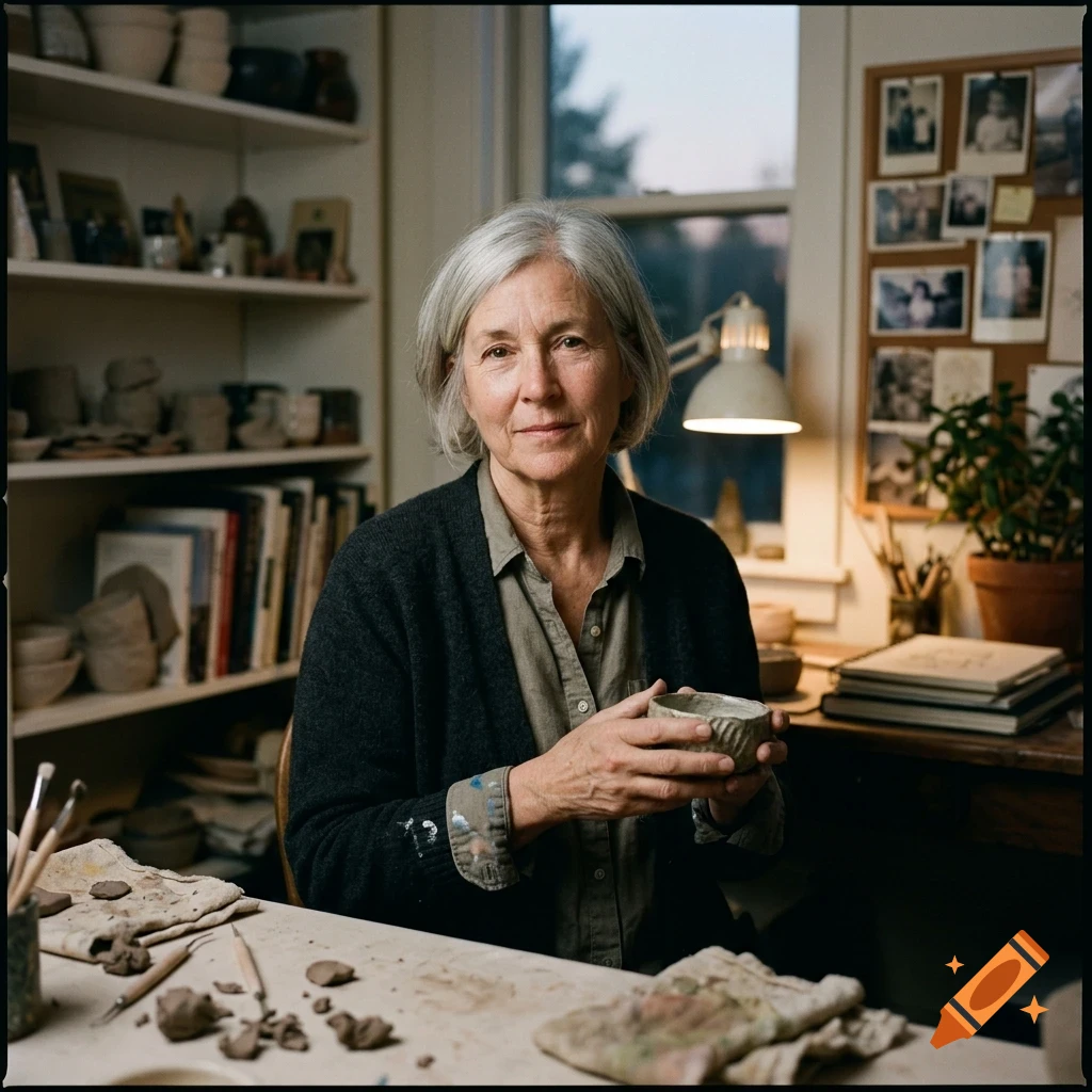An older woman with short grey hair holding a small ceramic bowl in her pottery studio, surrounded by shelves of pottery and art supplies.