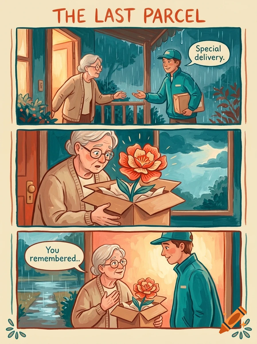 A three-panel comic strip showing an elderly woman receiving a special delivery of a glowing flower in a box from a courier.