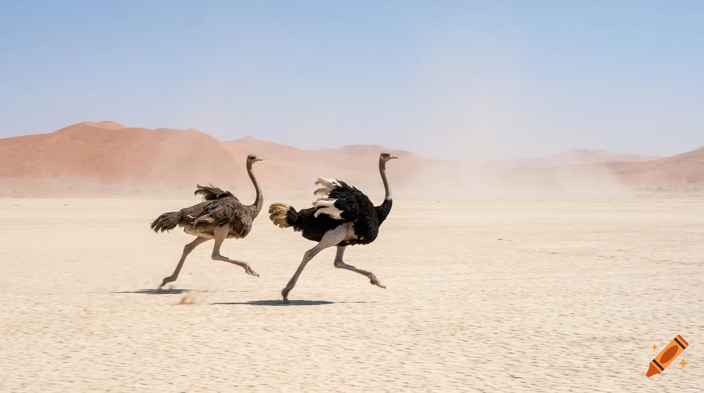 Two ostriches running across a vast, flat desert landscape with sand dunes in the background under a clear sky.