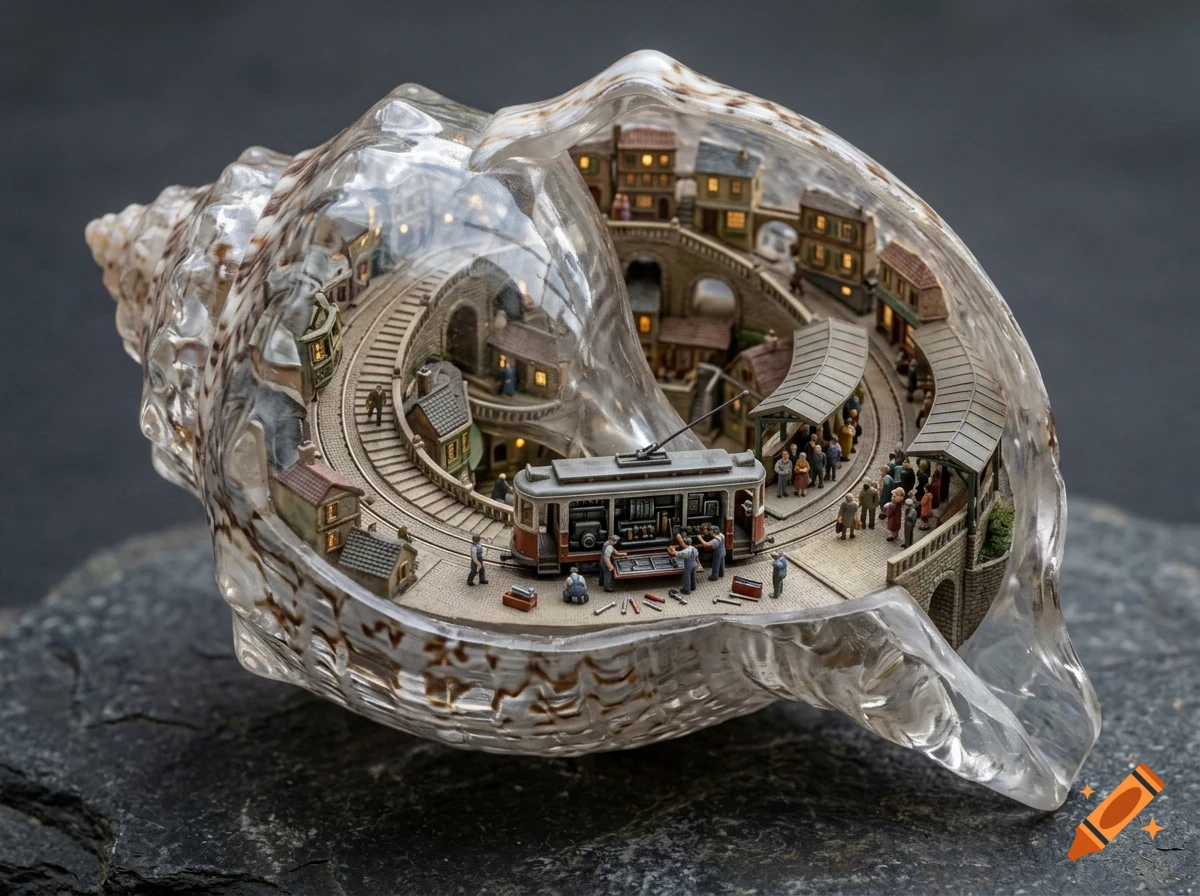 A detailed miniature village and tram station built inside a hollowed-out seashell.