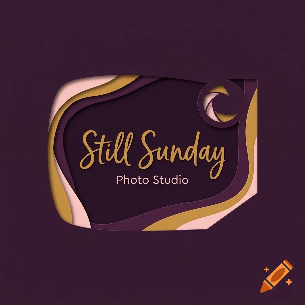 A layered paper-cut style logo for Still Sunday Photo Studio with gold lettering and camera aperture icon on dark purple background.