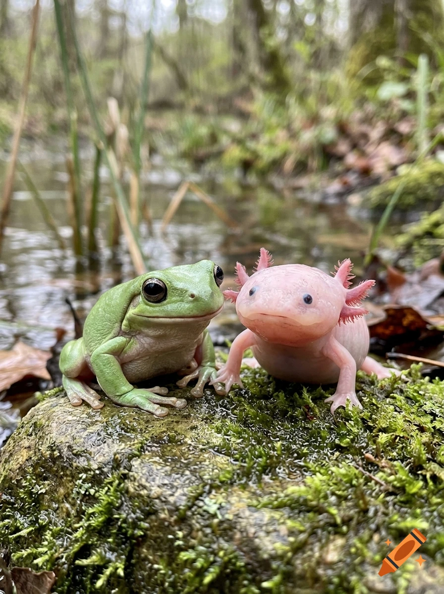 Close-up photorealistic shot of a smiling green tree frog and a chubby pink axolotl sitting side by side on a mossy rock in nature.