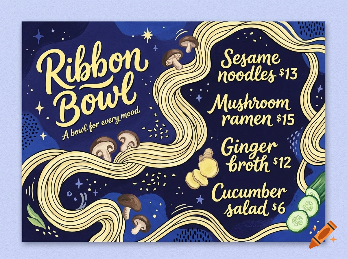 An illustrated menu design with a dark blue background featuring noodles, mushrooms, ginger, and cucumber slices, with yellow lettering reading Ribbon Bowl.