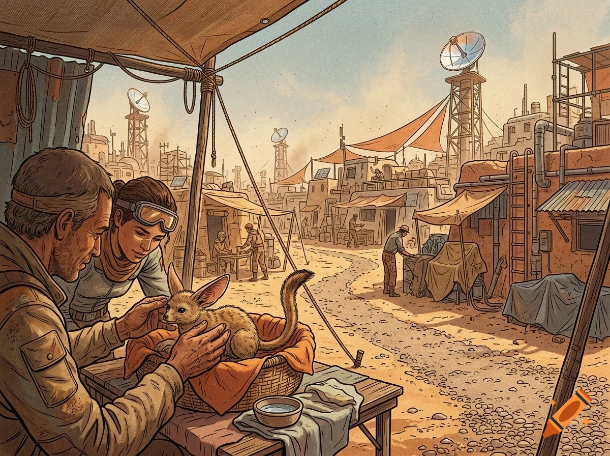 An illustrated scene of a man and woman in a desert settlement examining a small furry creature in a basket, with satellite dishes and rustic buildings in the background.