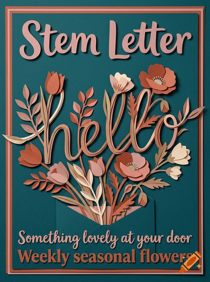 A paper-cut art design showing an envelope with flowers and the text Stem Letter, hello, and Something lovely at your door.