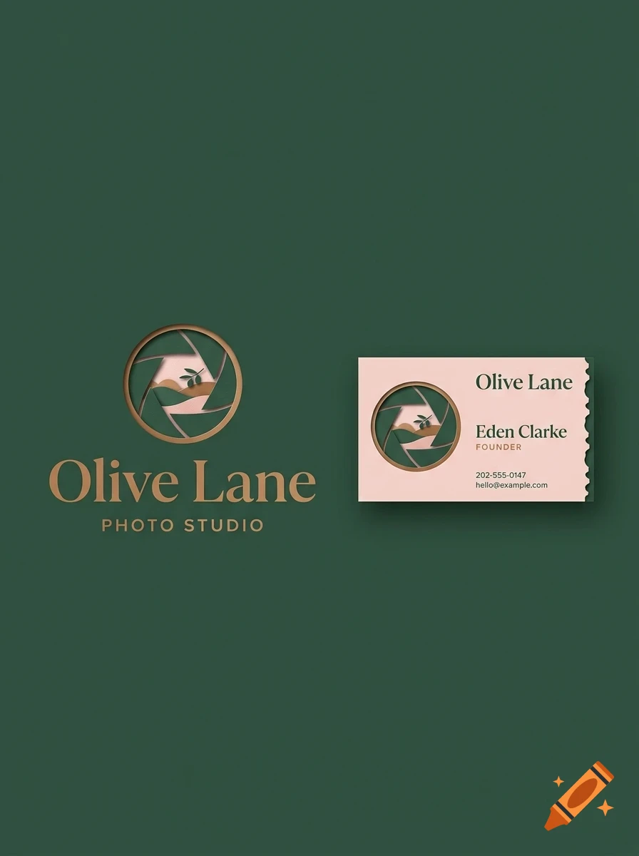Branding mockup for Olive Lane Photo Studio, featuring a camera aperture logo and a business card on a dark green background.