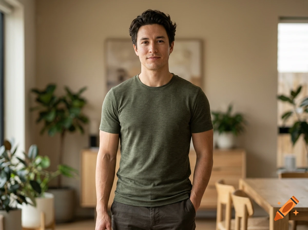 Photorealistic portrait of a young man with dark hair in a green t-shirt standing in a modern living room.