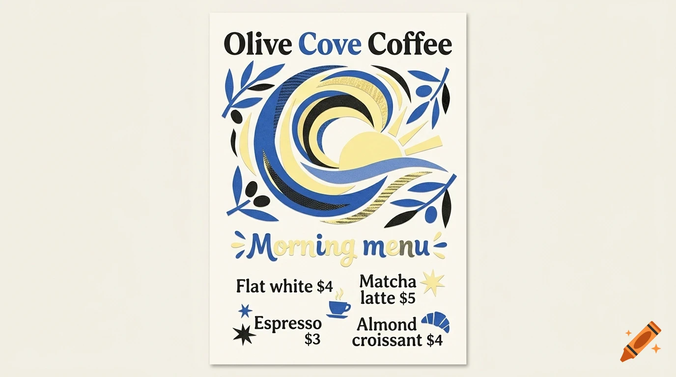 A poster for Olive Cove Coffee showing a morning menu with items like flat white, matcha latte, espresso, and almond croissant, featuring blue, black, and yellow abstract illustrations of leaves and a sun.