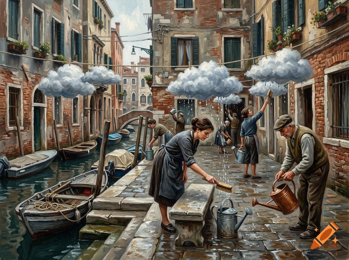 Surreal painting of people washing cloud formations hanging on laundry lines along a canal in Venice.