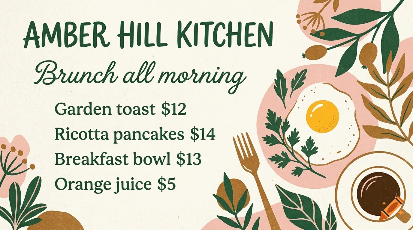 An illustrated menu for Amber Hill Kitchen featuring text listing brunch items and prices, accompanied by illustrations of a fried egg, fork, coffee, and foliage.