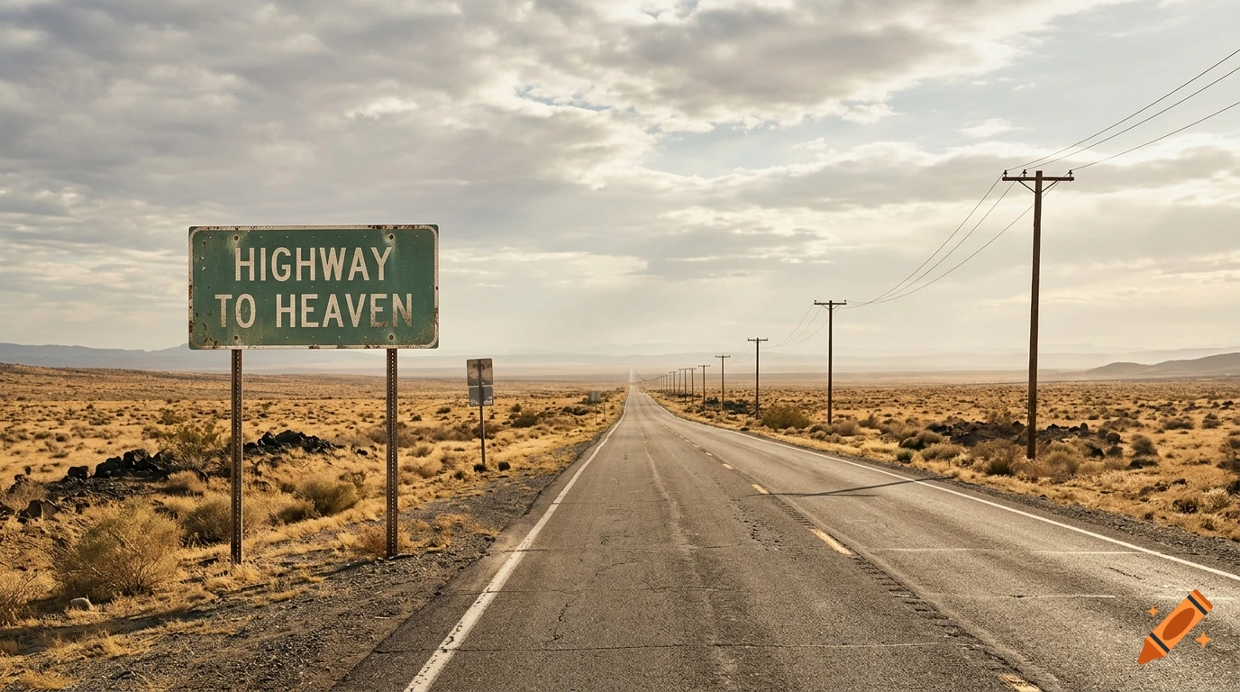 Cinematic photorealistic photo of an empty desert highway under a cloudy sky with a weathered 'Highway to Heaven' sign on the left.
