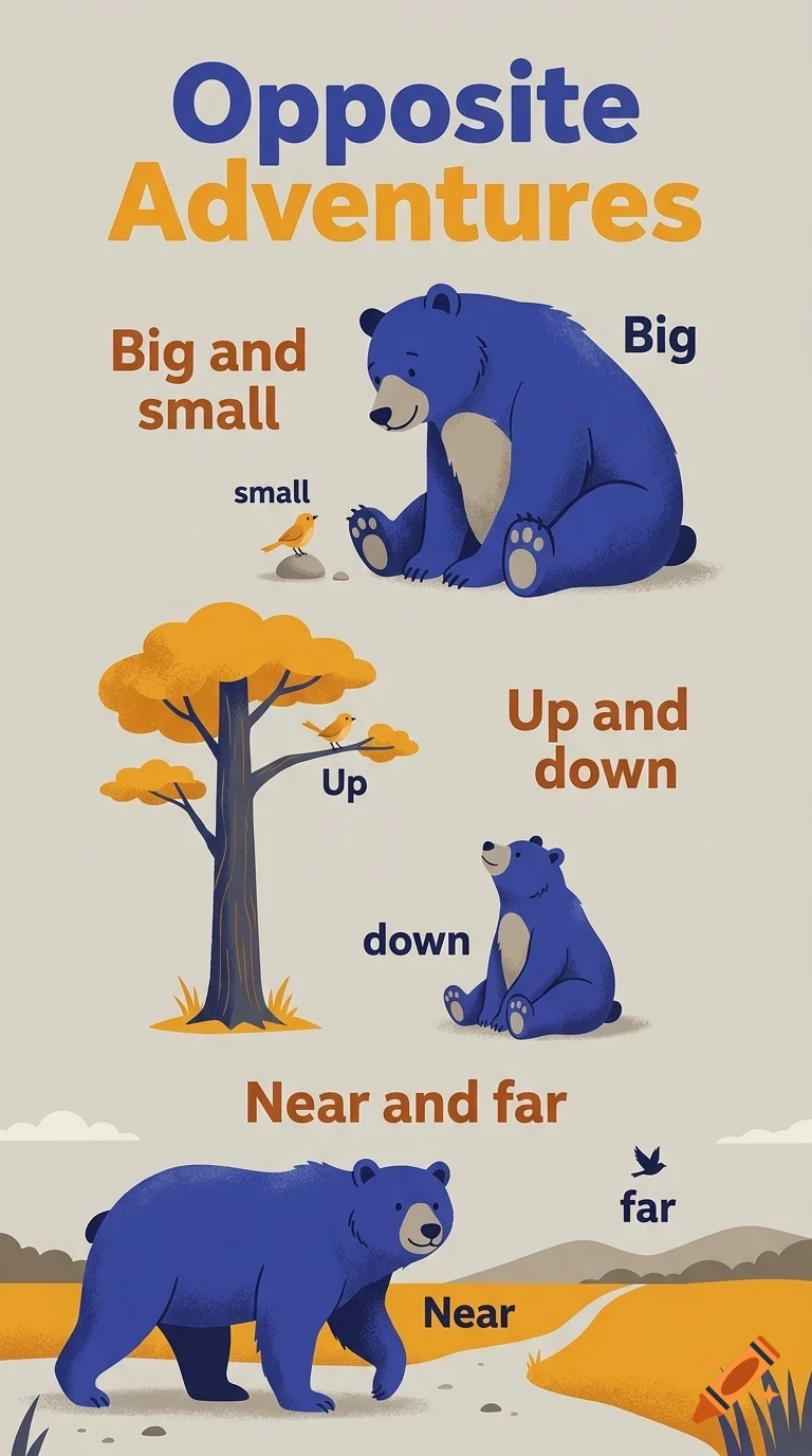 An educational poster titled Opposite Adventures illustrating concepts like big and small, up and down, and near and far using blue bears, birds, and a tree.