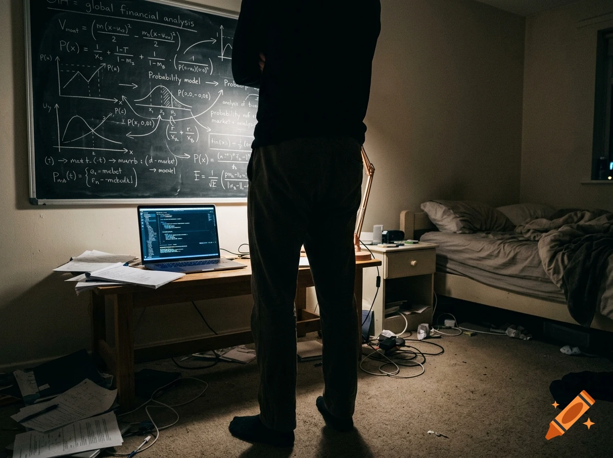 Photorealistic silhouette of a person in a dark bedroom facing a chalkboard covered in complex mathematical equations and a laptop displaying code.