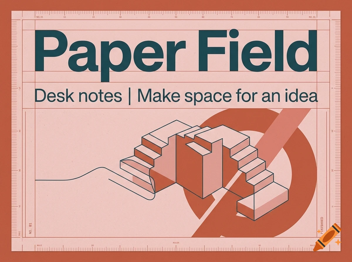An architectural blueprint style poster with the text Paper Field and Desk notes | Make space for an idea, featuring an isometric staircase illustration.