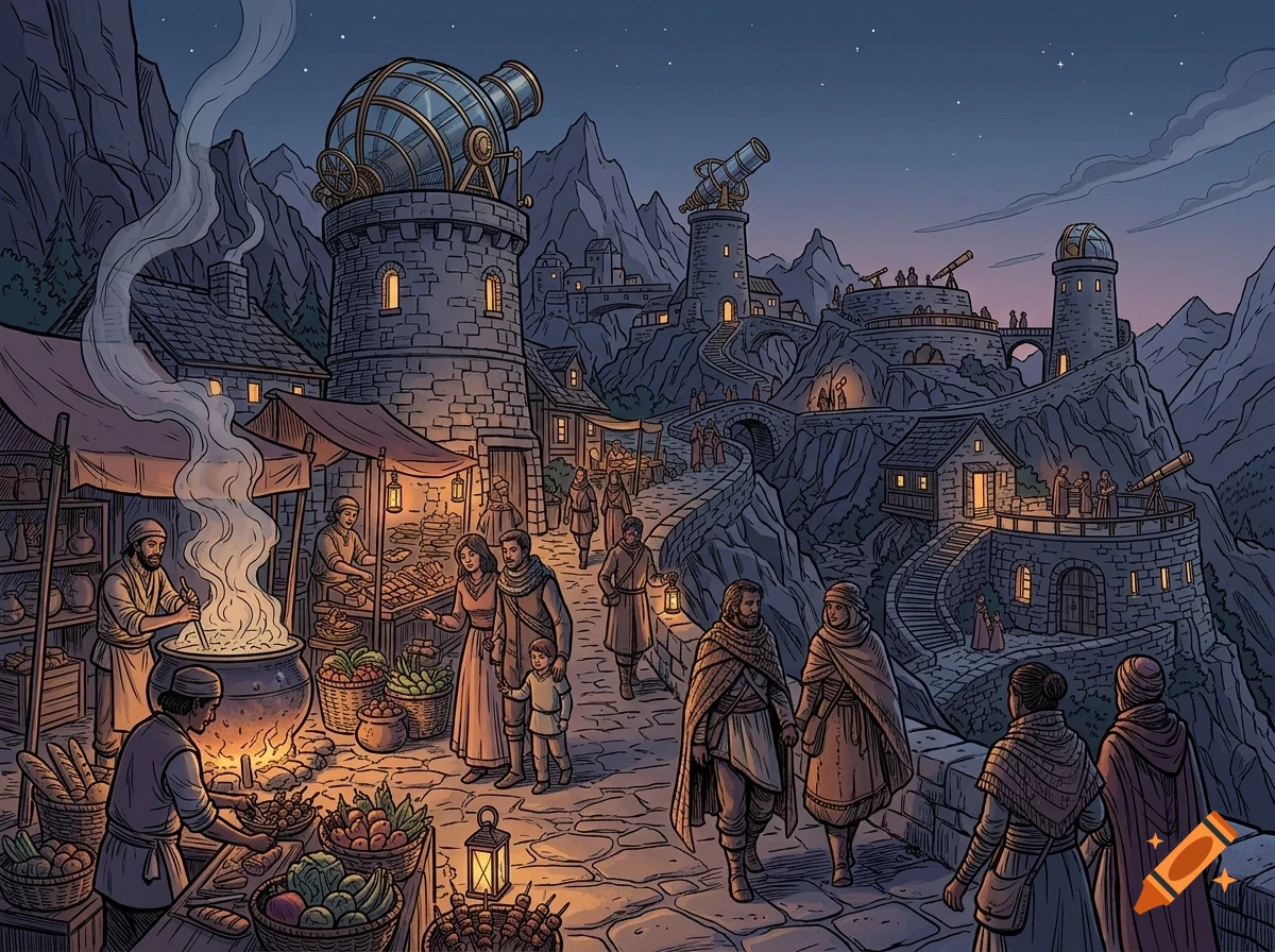 An illustrated fantasy mountain village at dusk with stone buildings, observatories, people walking along paths, and market stalls.