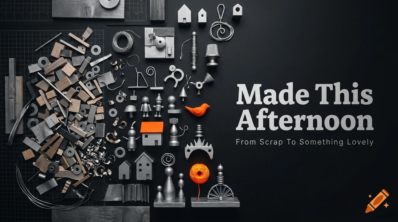 An arrangement of various small grey and orange objects, metal scraps, and wooden pieces on a black background, with the text "Made This Afternoon From Scrap To Something Lovely".