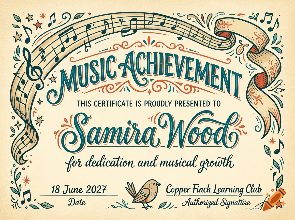 An illustrated music achievement certificate featuring decorative lettering, musical notes on a staff, and a small bird at the bottom.