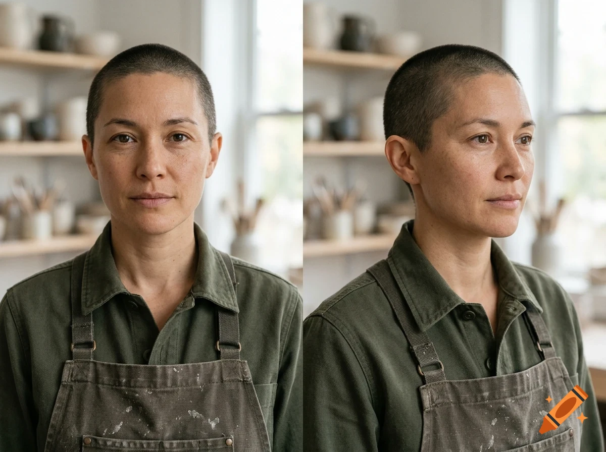 Front and profile portraits of a person with short hair wearing an apron in a studio.