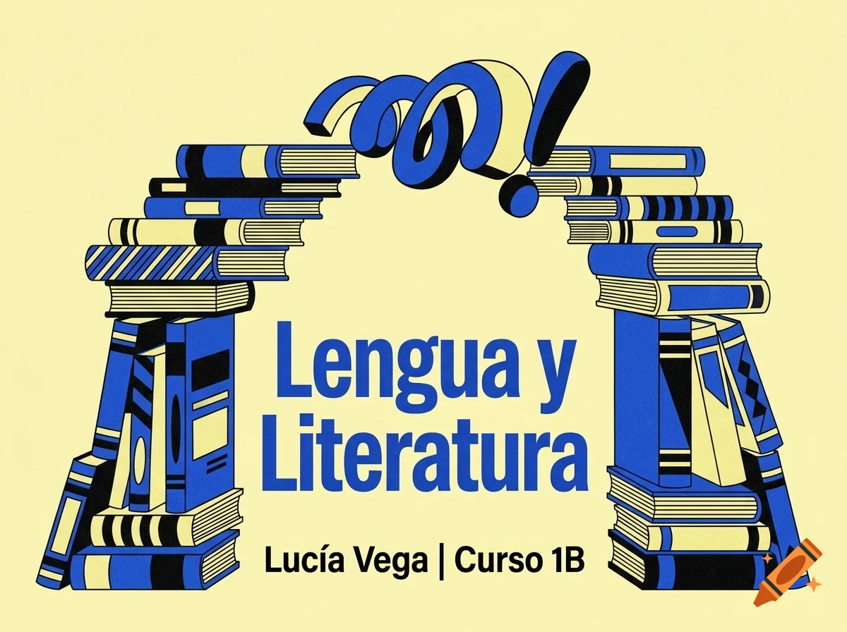 An illustrated design with stacked blue and yellow books forming an arch, framing the text Lengua y Literatura and Lucía Vega | Curso 1B.
