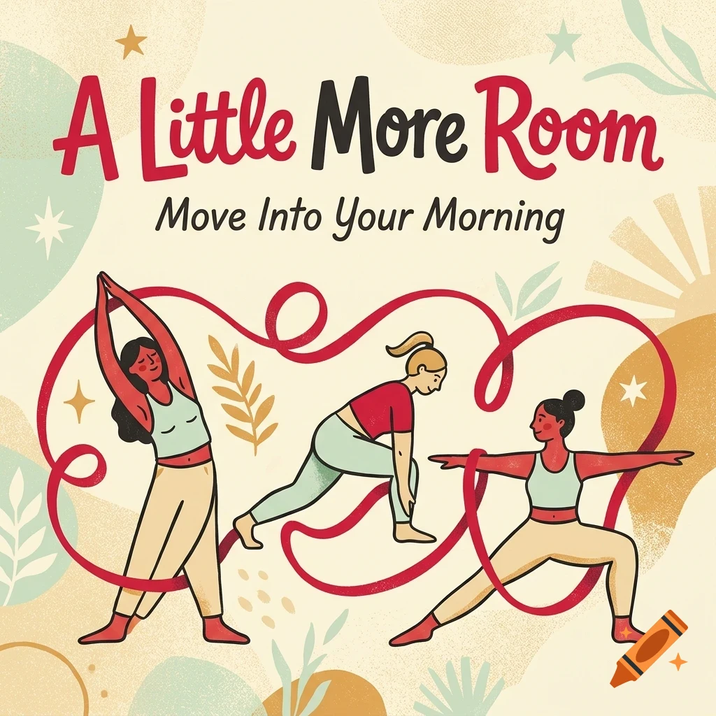 Illustration of three women doing yoga with a red ribbon and the text A Little More Room and Move Into Your Morning.