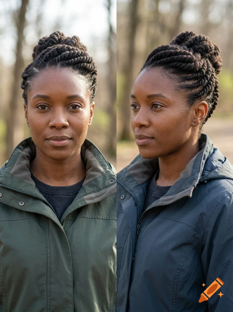 Side-by-side photographic portraits of a Black woman with braided hair styled in a high bun, wearing a hooded jacket outdoors.