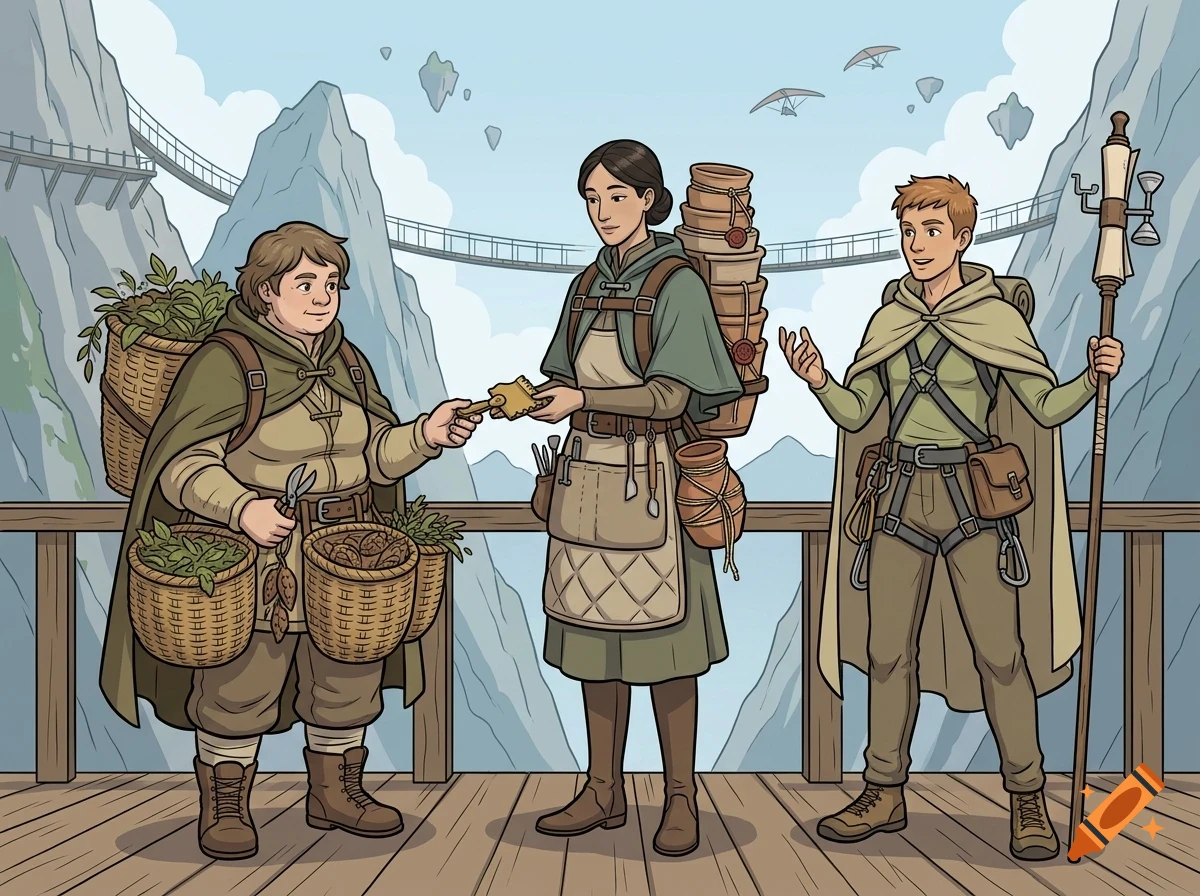Three fantasy adventurers standing on a wooden balcony overlooking a mountainous landscape with floating islands and suspension bridges.