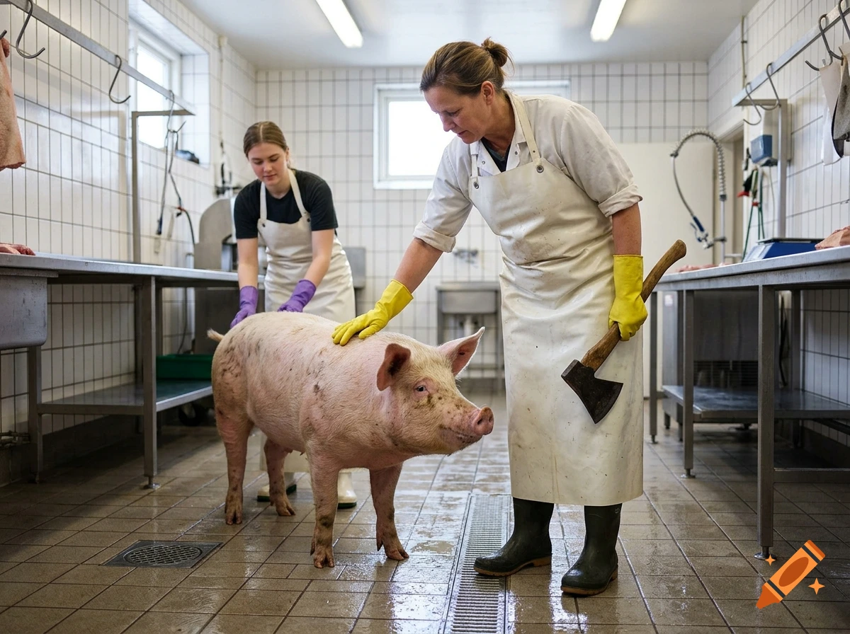 Two women in white aprons and rubber boots in a butcher shop, one holding a pig and an axe.