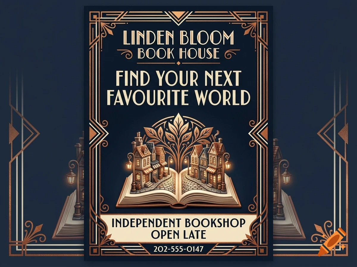 An art deco style poster for Linden Bloom Book House featuring an open book with miniature buildings and a tree growing from its pages.