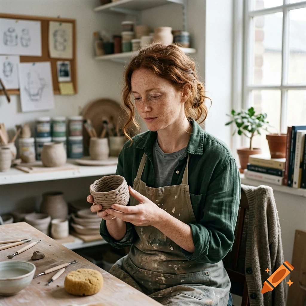 A red-haired woman wearing an apron works on a small clay pot in a pottery studio.