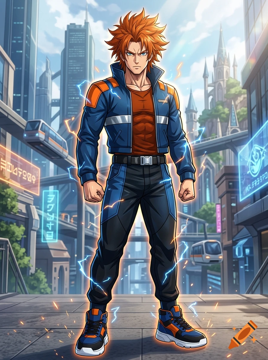 Full-length anime style illustration of a muscular young man with spiky orange hair and a blue jacket standing in a modern futuristic city.