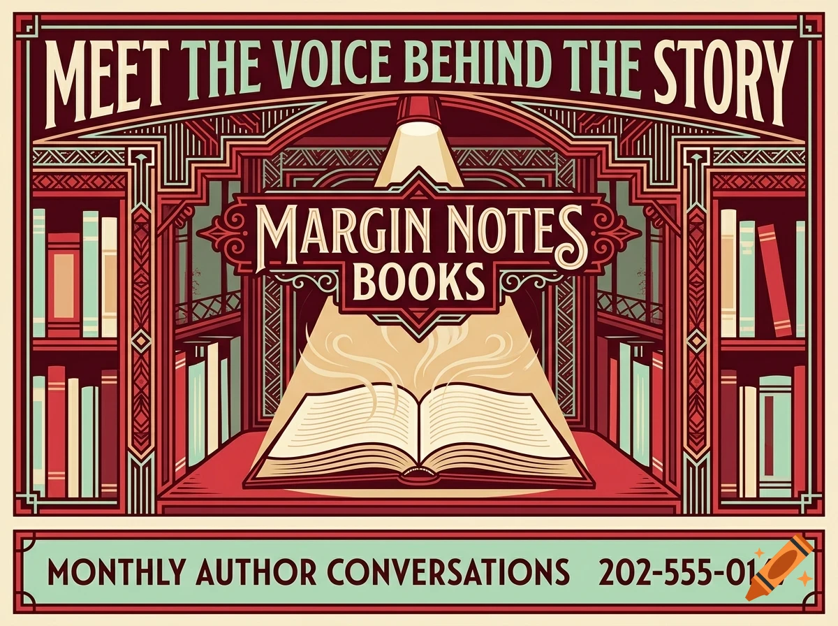 An illustrated poster design featuring an open book illuminated by a light overhead, flanked by bookshelves, with the text "MEET THE VOICE BEHIND THE STORY" and "MARGIN NOTES BOOKS".
