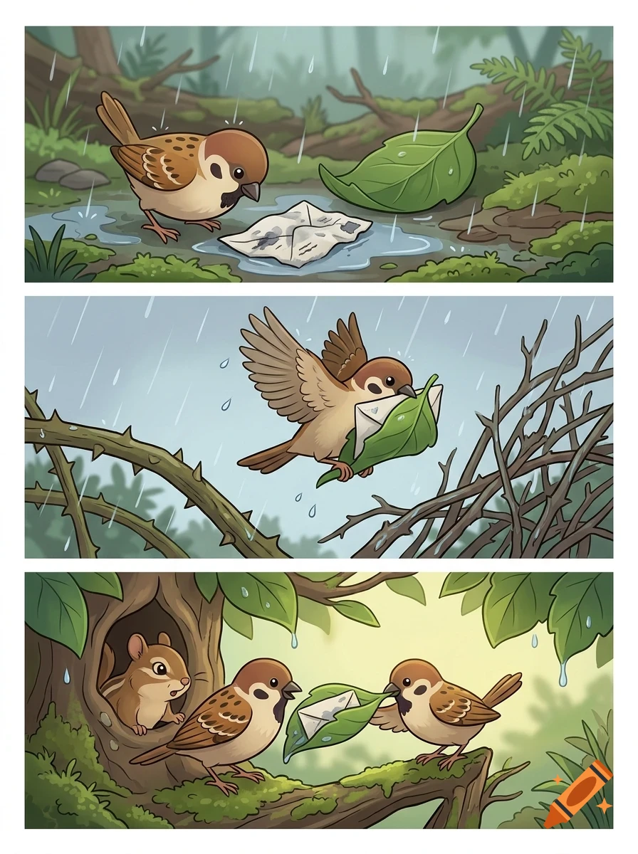 A three-panel comic strip showing a sparrow finding a letter under a leaf in the rain, flying with it, and delivering it to another sparrow and a chipmunk.