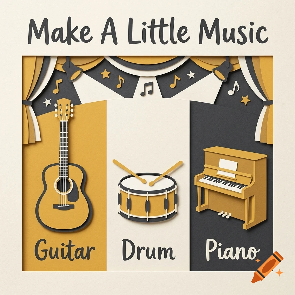 A papercraft-style illustration with the text 'Make A Little Music' at the top, featuring a guitar, a drum, and a piano, labeled below accordingly.