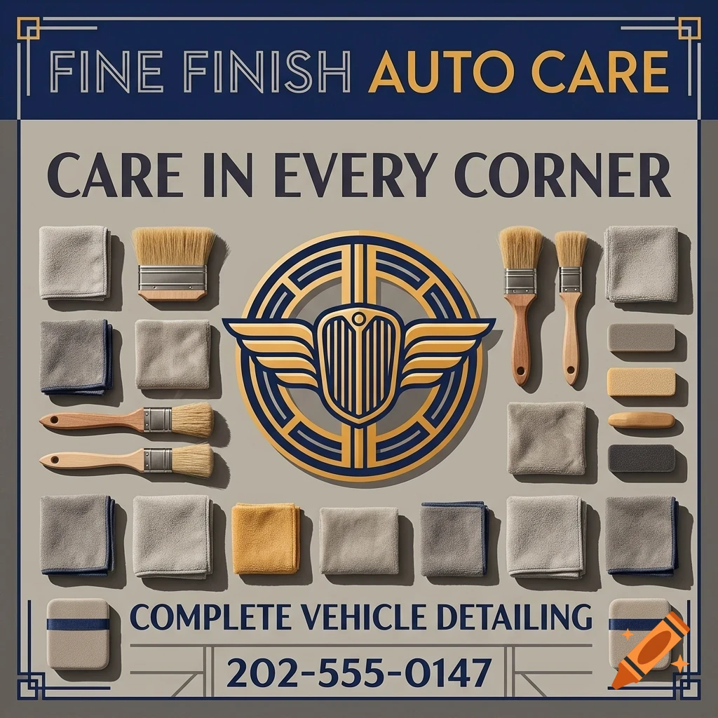 An advertisement for Fine Finish Auto Care featuring car detailing tools, brushes, and cloths arranged neatly around a winged crest emblem.