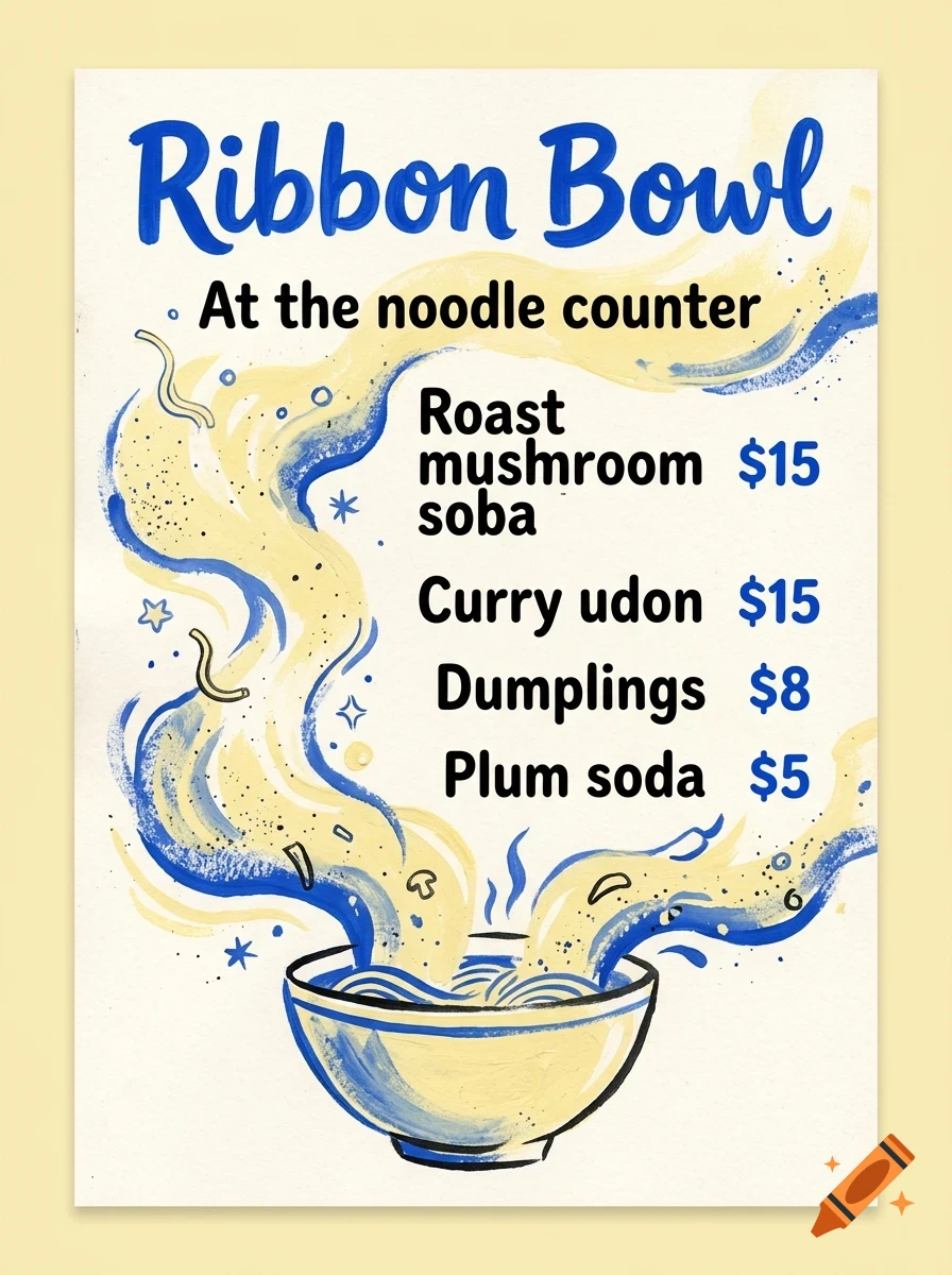 An illustrated menu poster titled Ribbon Bowl featuring a bowl of noodles with swirling yellow and blue steam and menu items with prices.