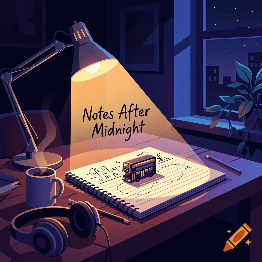 An illustrated nighttime study desk lit by a desk lamp, featuring a notebook with a sketch of a bus, a cup of coffee, and headphones.