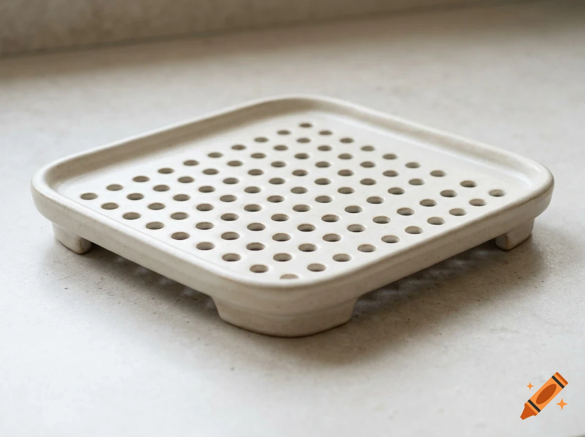 A white ceramic soap dish with a perforated grid surface resting on a countertop.
