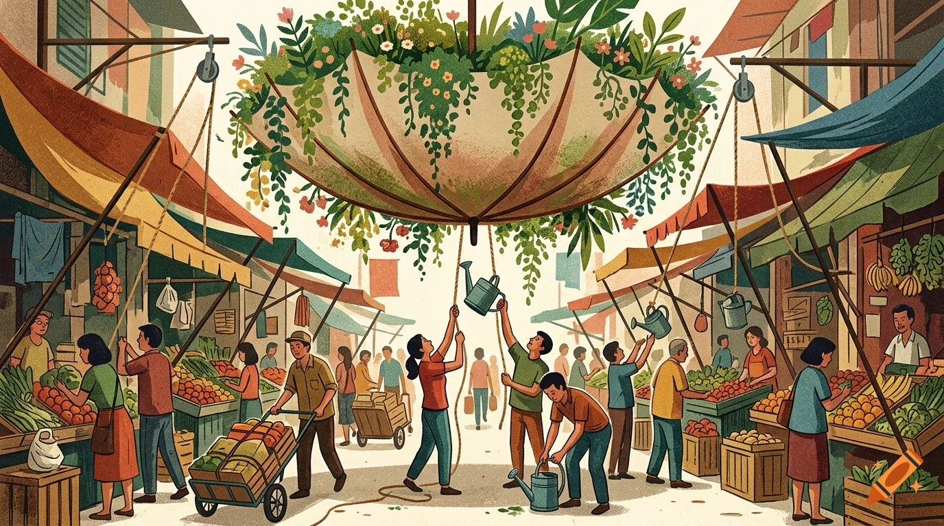 An illustrated outdoor market scene with people shopping and working beneath a giant inverted umbrella filled with blooming flowers and hanging plants.