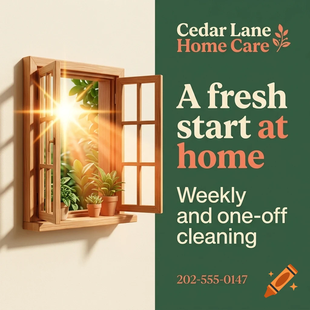 An advertisement for Cedar Lane Home Care featuring an open wooden window with potted plants on the sill and bright sunlight streaming through, alongside text reading A fresh start at home.