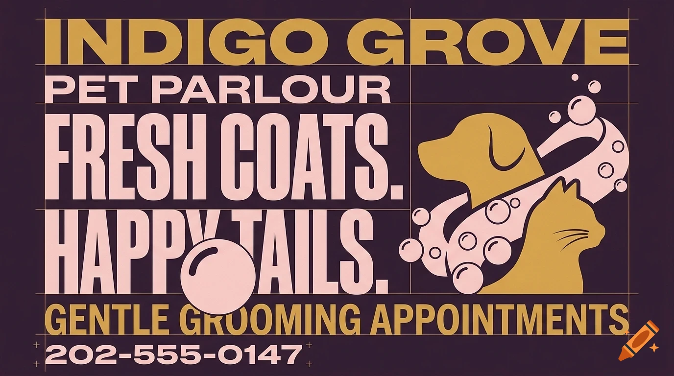 A poster design for Indigo Grove Pet Parlour featuring a dog, a cat, and bubbles, along with text and grid lines.