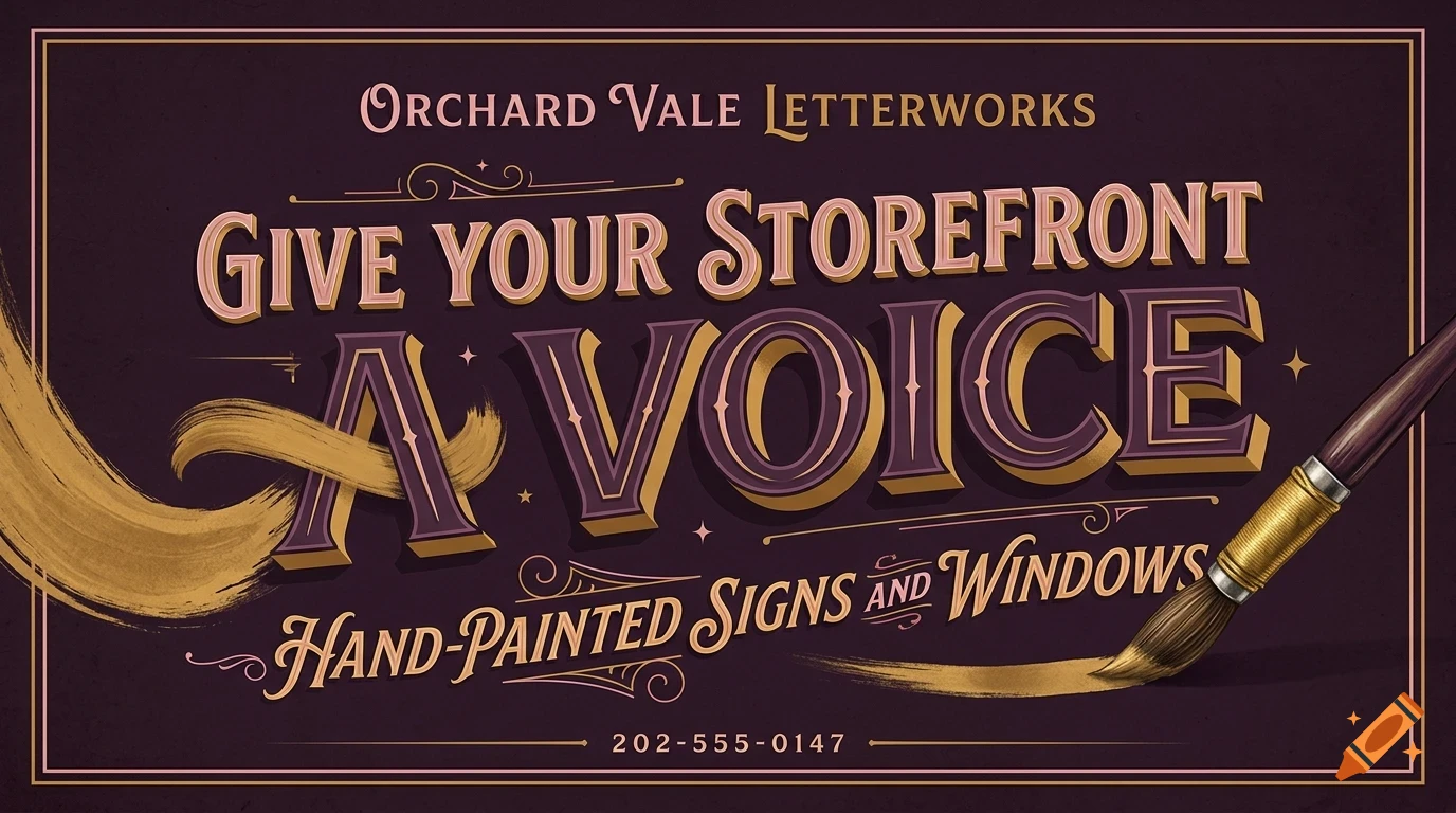 An illustrated sign with ornamental lettering reading 'Give your storefront a voice' and a paintbrush in the corner.