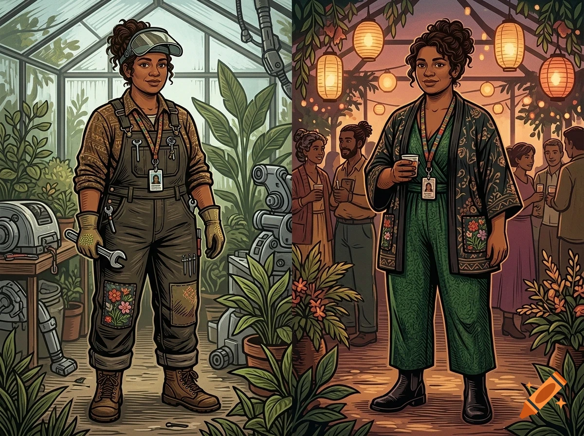 Comparison image of a woman working in a greenhouse holding a wrench on the left, and attending a party in the same greenhouse decorated with lanterns on the right.